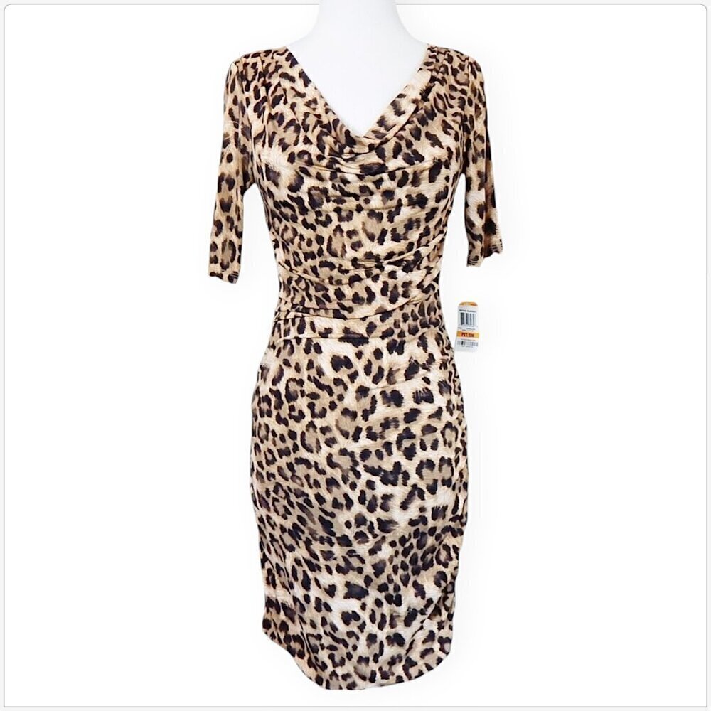 INC Vintage Glamour Sweet Leopard Ruched Draped Neck Jersey Dress NEW NWT PS